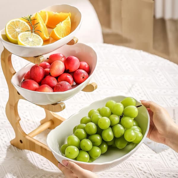 3-Tier Fruit Basket Stand, Natural Bamboo Countertop Fruit and Snack Display for Kitchen, Dining Table, and Parties, White