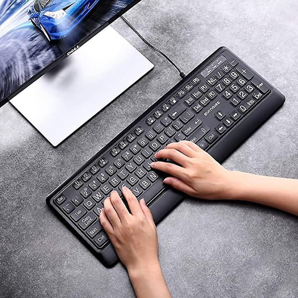 Tastatur med stor skrift, USB-kabel, baggrundsbelysning til synshandicappede begyndere