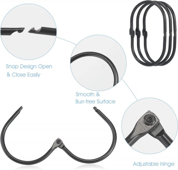10 Pcs Shower Curtain Hooks (Black), Oval Snap Shower Ring for Curtain, Glide Smoothly Shower Hooks
