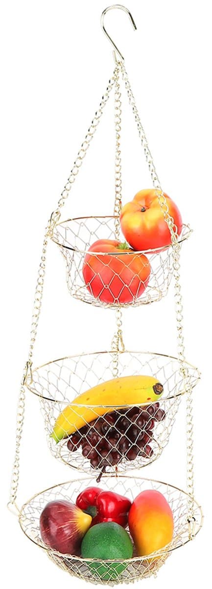 Hanging Fruit Basket - Multifunctional Fruit Basket for Kitchen and Vegetable Storage - 3-Tier Metal Wire Basket with Removable Round Basket - Chain Hook