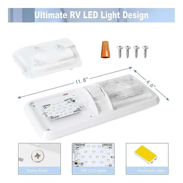 Campingvognslampe, 12V LED-lamper 700LM, 8W lamper, dobbelt kuppelloftlampe til interiør hvid