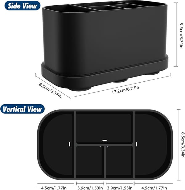 Silicone Toothbrush Holder with Suction Cup, 5 Compartments, Black, 18 x 9.7 x 8.5 cm