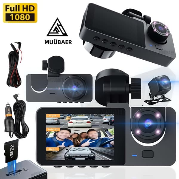 1080P HD 3-kanals dashcam foran, bak og inni bilkamera med nattsyn
