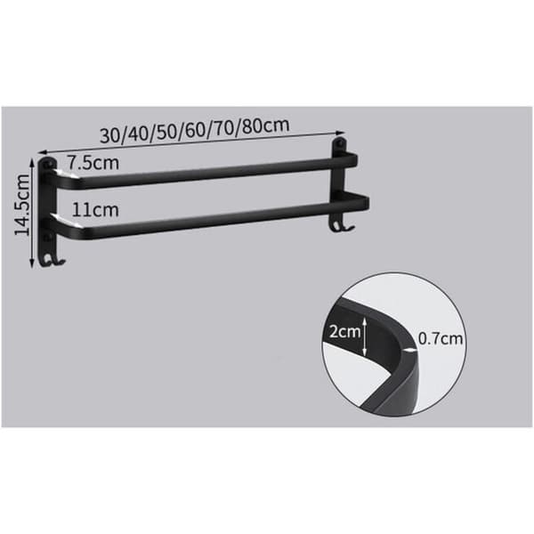 2-Tier Aluminum Wall Mounted Towel Rack with Hooks - Waterproof, Black, 30cm for Bathroom Kitchen
