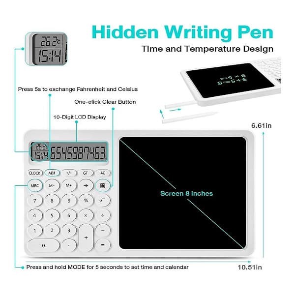Calculator with Notepad, 8-inch LCD Writing Tablet, Desktop Calculator with Writing Pad, Small Calculator with Time, White