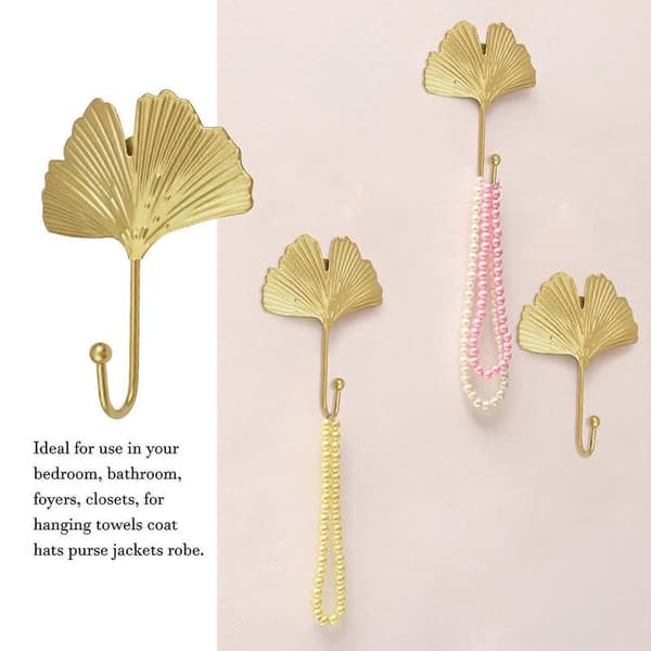 Iron Leaf Hooks, 4 Pcs Gold Ginkgo Leaf Shaped Wall Hooks, Modern Key Holder, Single Hook Hanger for Home Office