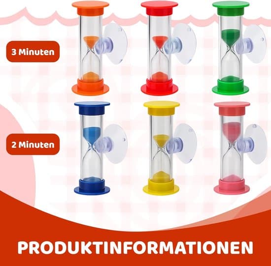 6-delt tandbørste timeglas-sæt med 2- og 3-minutters timer - Farverig tandbørstetimer til børn - Tidsstyring til børstning, lektier