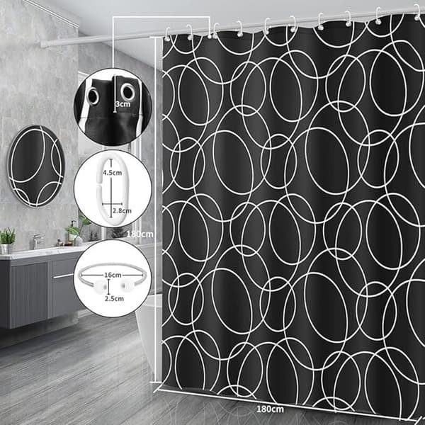 (Sort, 180 x 180 cm) Bruseforhæng, vaskbart, vandtæt stofbadeværelsesforhæng, maskinvaskbart, polyester med 12 ringe