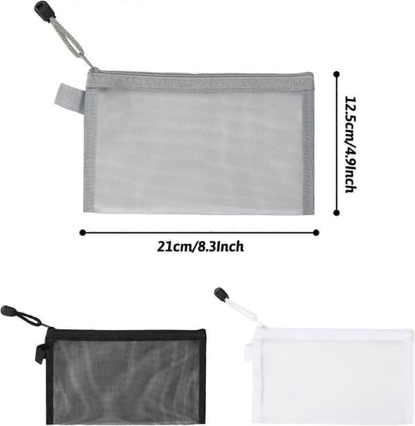 3-pak gennemsigtige netpenalhuse med lynlås til makeup og blyanter til kvinder - 21 x 12 cm, sort hvid grå[DB]