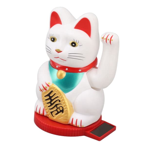 Solar-Powered Lucky Cat Decoration, White, 5-inch, Waving Arm, Rotatable Base, Light Sensor