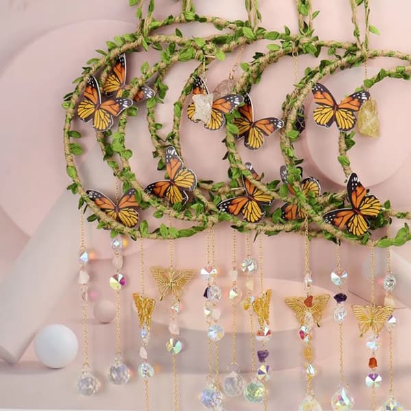 Yellow Butterfly Crystal Suncatcher, Window Hanging Decoration, Moon & Leaf Design