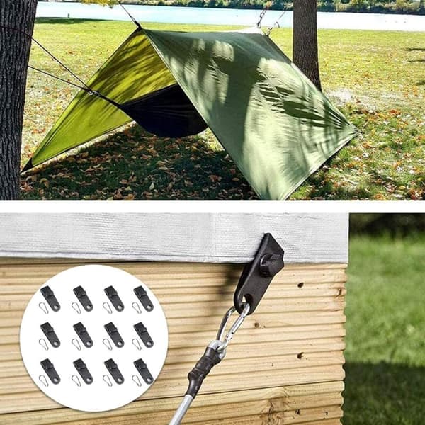 Tent Tarp Clips, 12 Multifunctional Tarp Clips (Black), Tarp Tensioner Fixing Clips with Eyelets