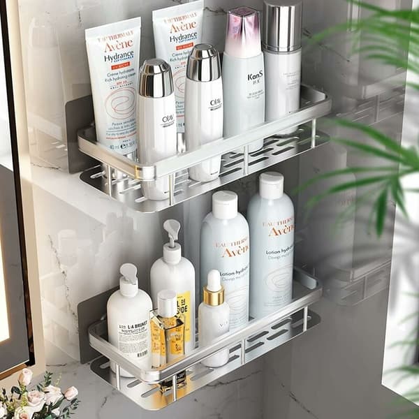 Drill-free aluminum shower, bathroom storage, self-adhesive bath