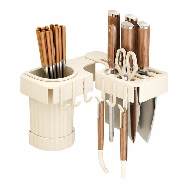 Wall-mounted knife holder and chopstick container, drill-free storage rack, single cup in cream, carbon steel, kitchen