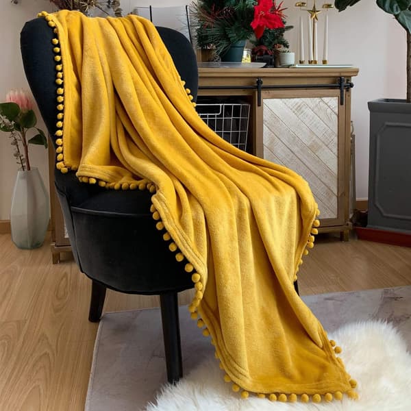 Flanellteppe Napteppe Koselig Sengeteppe Sofa med Pom Poms