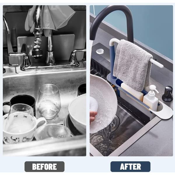 Extendable Dish Rack Sponge Holder Large Capacity PP Kitchen Organizer Blue