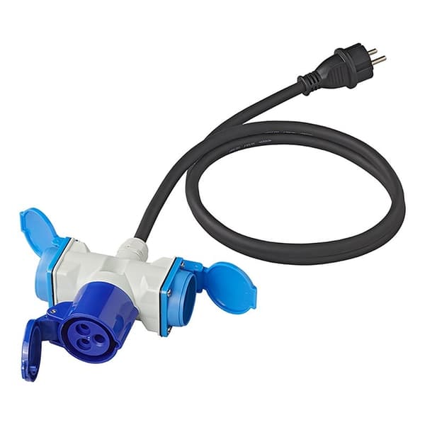 Adapterkabel 150cm 3x2,5mm² fra Schuko-plugg til 1xCEE + 2xSchuko-uttak