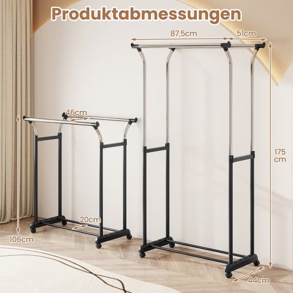 Säädettävä vaateteline kaksoiskiskolla ja pyörillä, musta