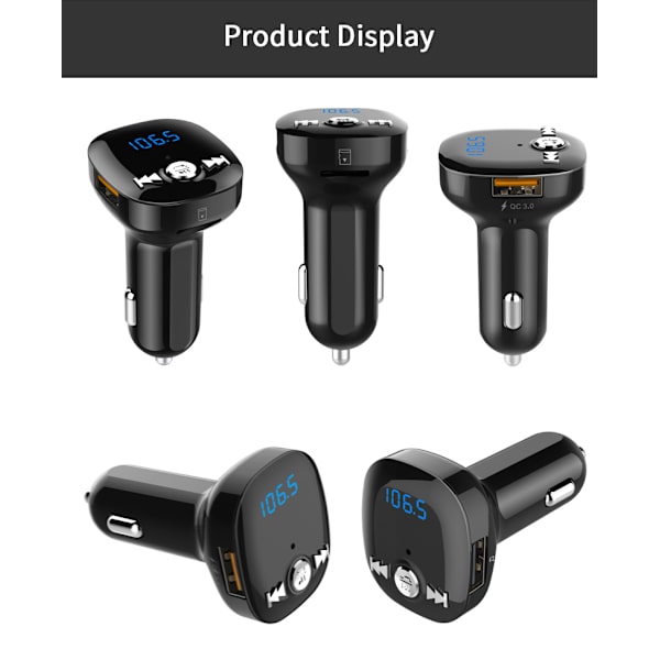INF FM-sender for bilen - Bluetooth-adapter med QC3.0 billader