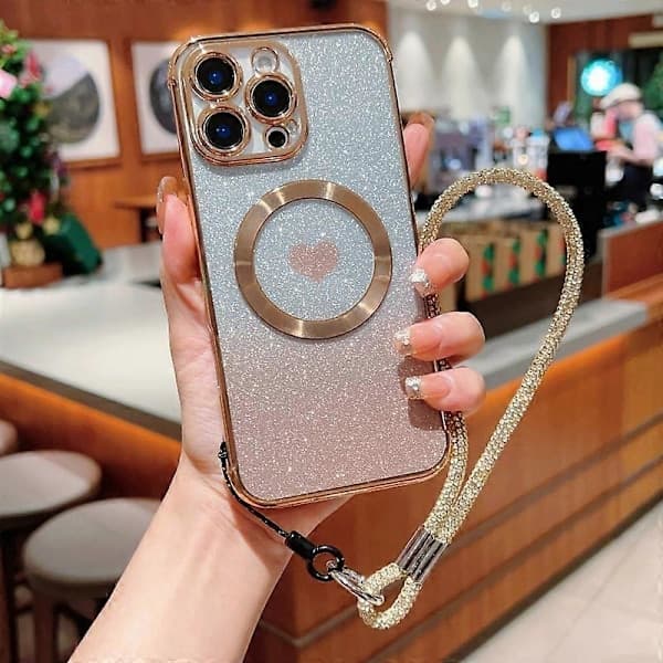 Cover til iPhone 16 Pro Max Kompatibelt med MagSafe TPU Telefoncover med Rem Hjerte Gradient Glitter