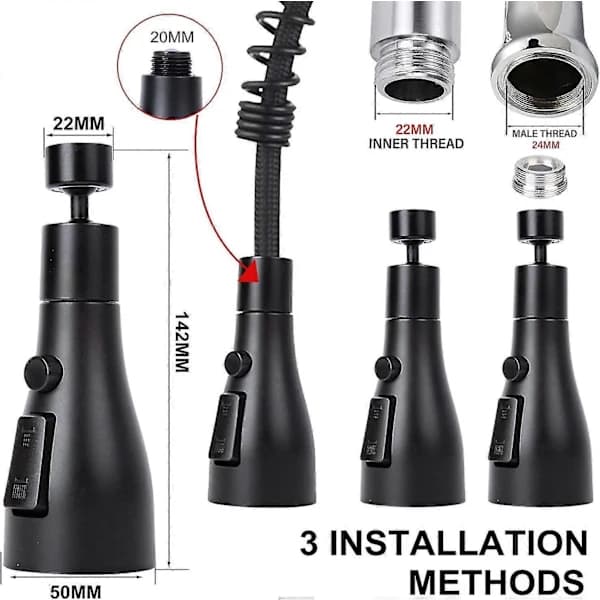 Kitchen Shower Head Black, 3 Modes Nozzle for Kitchen Faucet, Kitchen Shower, Kitchen Faucet Shower Head, Faucet Extender