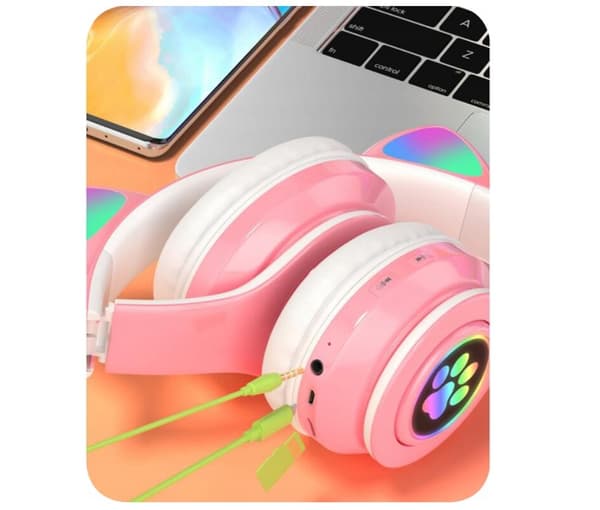 DreamCraft Hörlurar med kattöron för barn, RGB-bakgrundsbelyst gaming