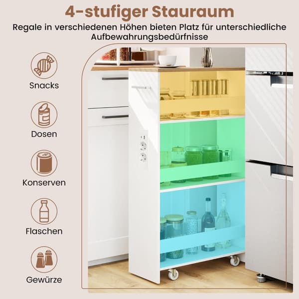 Smal rullende oppbevaringsvogn – 4 etasjer, 20 cm, hvit/naturfarget