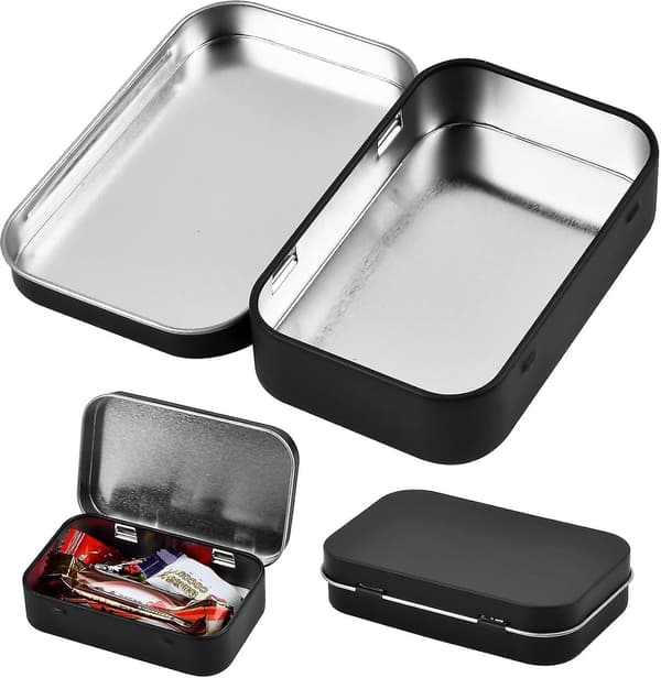 8-pack silverfärgade rektangulära plåtaskar med gångjärn, 95 x 62 x 20 mm [JUN]