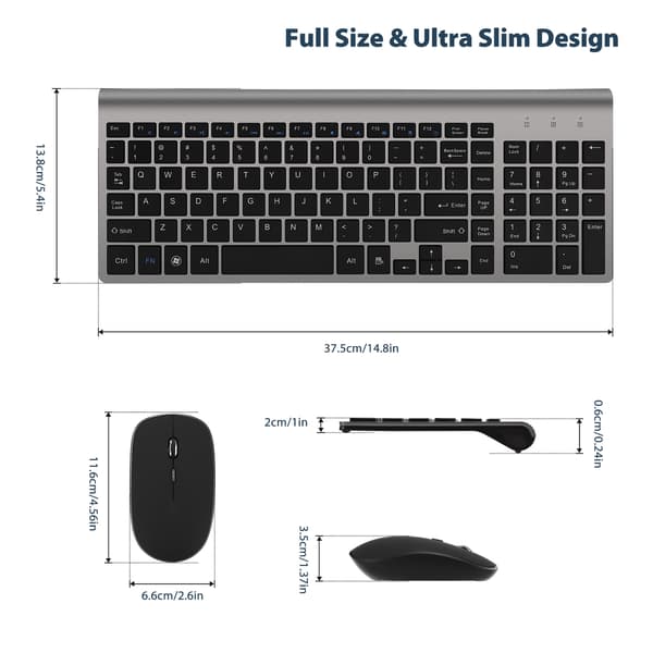 Wireless USB Keyboard and Mouse Combo, Ultra-thin and Silent, for Desktop, Laptop, Grey