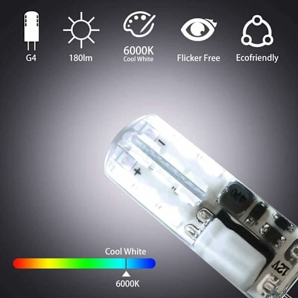 G4 LED Bulb, 12V 2W Equivalent to 20W Halogen Bulb, Cool White 6000K, 180LM, Flicker-Free, Energy-Saving Lamp for Range Hood, Non-Dimmable