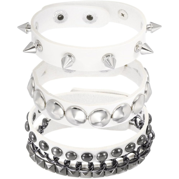 Rock Punk Nitat Läderarmband Set Vit White