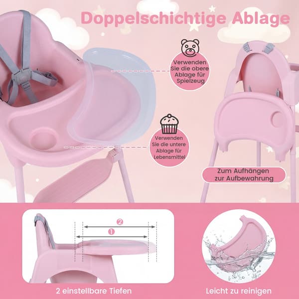 4-in-1 Convertible High Chair with Adjustable Tray, Pink