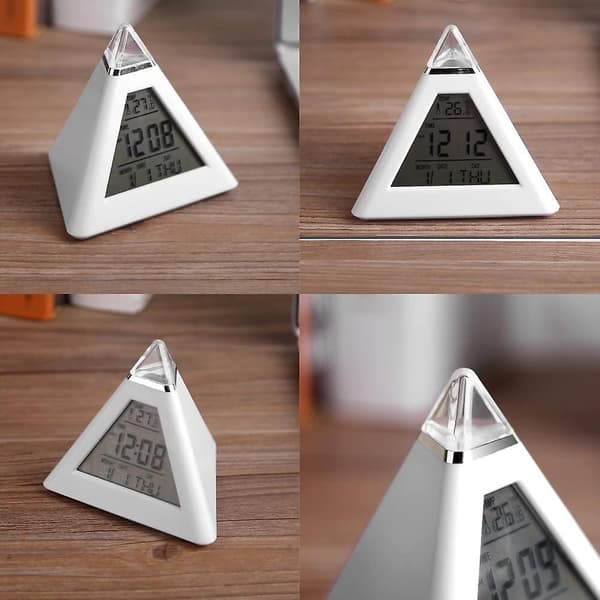 Pyramide LED-vækkeur, digitalt display, farveskiftende digital temperaturkalender, dato og tid