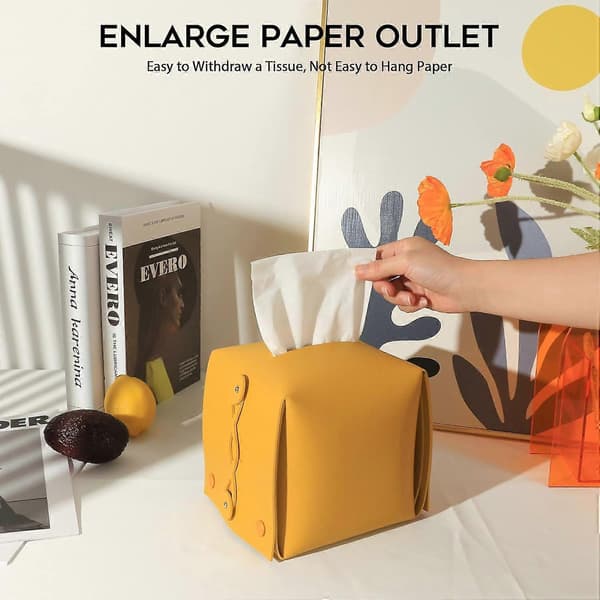 Leather Tissue Box Holder, Rectangular, Square, for Car, Home, Bathroom, Bedroom, Office, Nightstand, Desk and Table (04 Yellow)