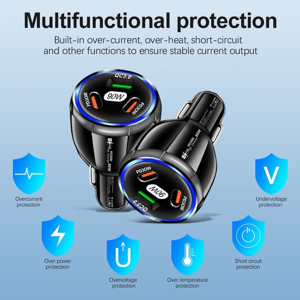 CE ROHS FCC-certificeret smart dobbelt PD 30W USB QC3.0 90W højkvalitets PD hurtigoplader til bil til mobiltelefon GAN-materiale
