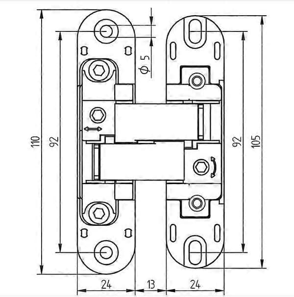 Invisible hinge for access doors, set of two invisible hinges for heavy doors, 40 kg load capacity, 180° opening, zamak, black [DB]