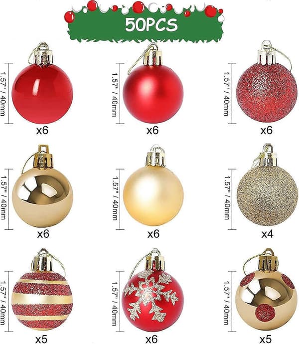 Christmas Tree Ornaments, 50 Christmas Tree Ornaments with Red and Gold Baubles, Christmas Tree Baubles with String