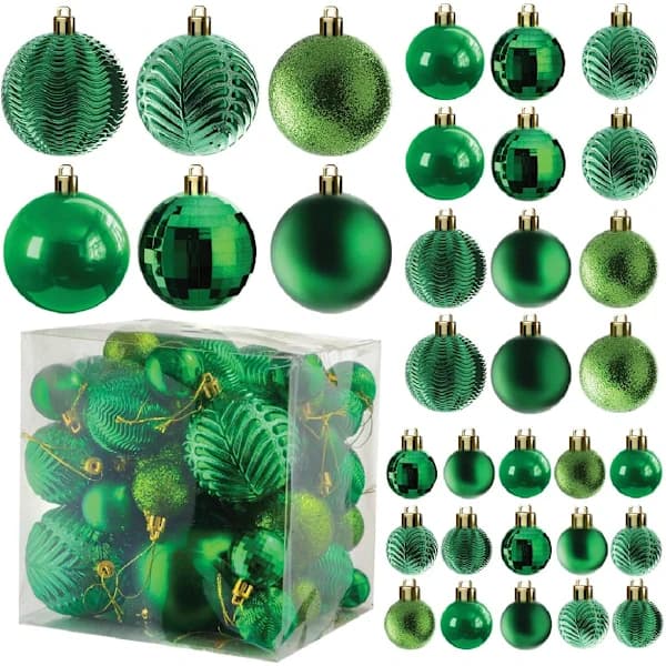 Grønne 36-pak brudsikre julekugler. De perfekte glitterkugler, juletræskugler julepynt. Grøn