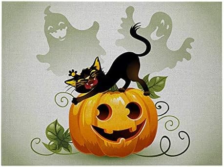 Sæt med 4 Halloween-dækkeservietter - Halloween-katte-mønster