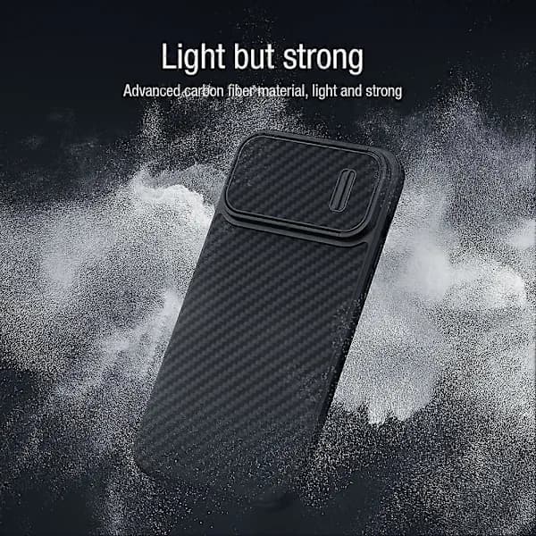 Til iPhone 14 NILLKIN Syntetisk Fiber Camshield Magnetisk Telefoncover Sort