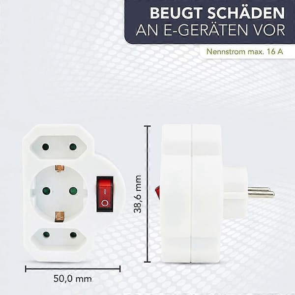 3X Socket Adapter 3-way Euro Socket Outlet Switch Switchable Socket Illuminated Switch Safety Switch EU White White