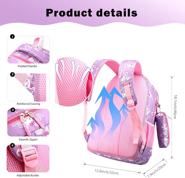Elementary School Backpack Two-Piece Lightweight Breathable Waterproof Backpack Girls School Bag With Storage Bag Purple