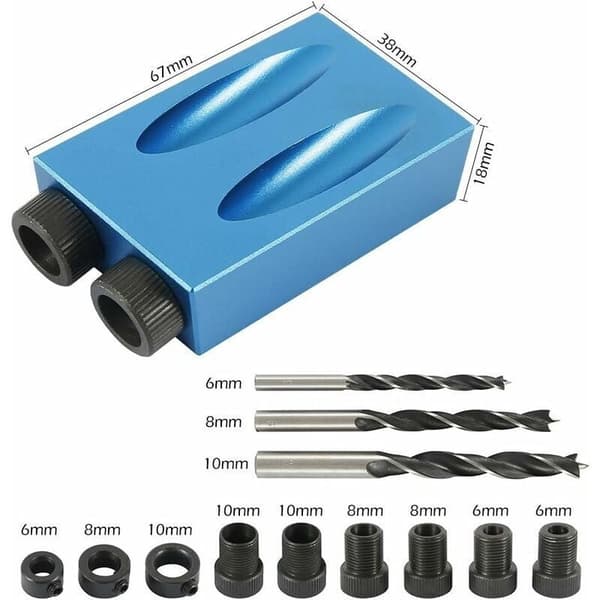 Lommehuljig-sæt, 15 graders boreguide i aluminiumslegering med 6/8/10 mm adaptere til gør-det-selv-træbearbejdning, blå-sort