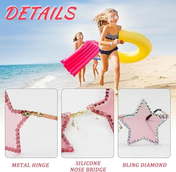 Rhinestone Stjernebriller, Rammeløse Stjerneformede Funky Bling Diamant Solbriller, Mode Gnistrende Solbriller til Sommer Strandfest