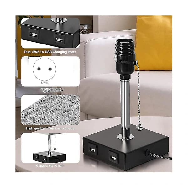 Bedside Lamp with Touch Control, Dimmable, USB Charging Ports and AC Outlet, Rechargeable Table Lamp, EU Grey