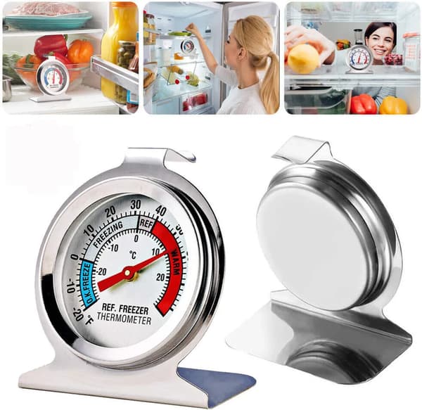 5x køleskabstermometer i rustfrit stål, stor urskive med rød display