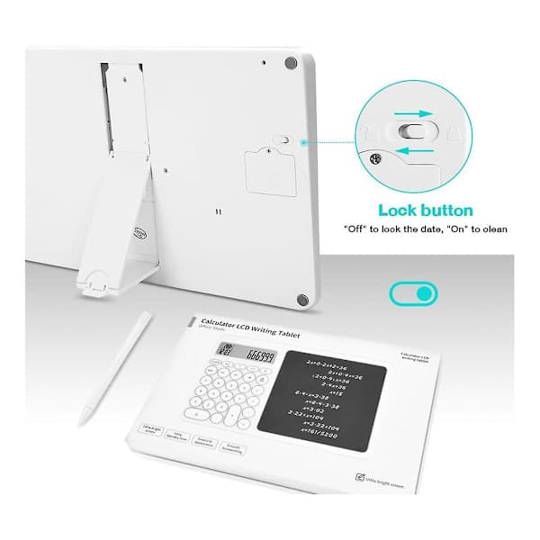 Calculator with Notepad, 8-inch LCD Writing Tablet, Desktop Calculator with Writing Pad, Small Calculator with Time, White