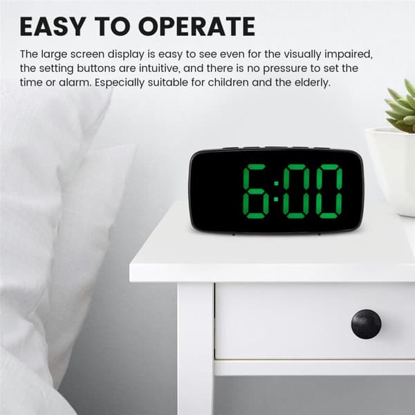 Smart Digital Väckarklocka för Sängen, Grön LED Rese USB Bordsklocka med Snooze Temperatur Datum 12/24H för Sovrum, Svart