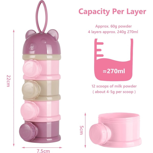 Baby Formula Dispenser, Portable 4 Layers 270ml Per Layer Twist-Lock Compartment, Stackable Snack Storage Containers Pink/Purple