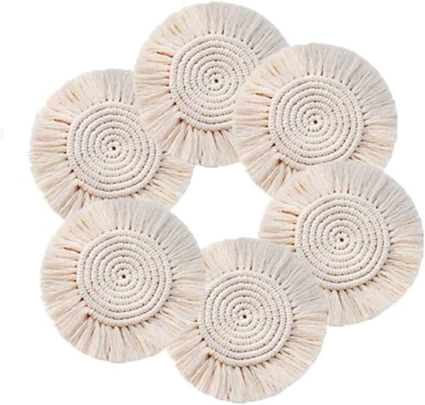 Absorberende Coasters, Varmebeskyttende Måtte Macrame Coasters Boho Boligindretning til Miljøvenlige Coasters, Sæt med 6